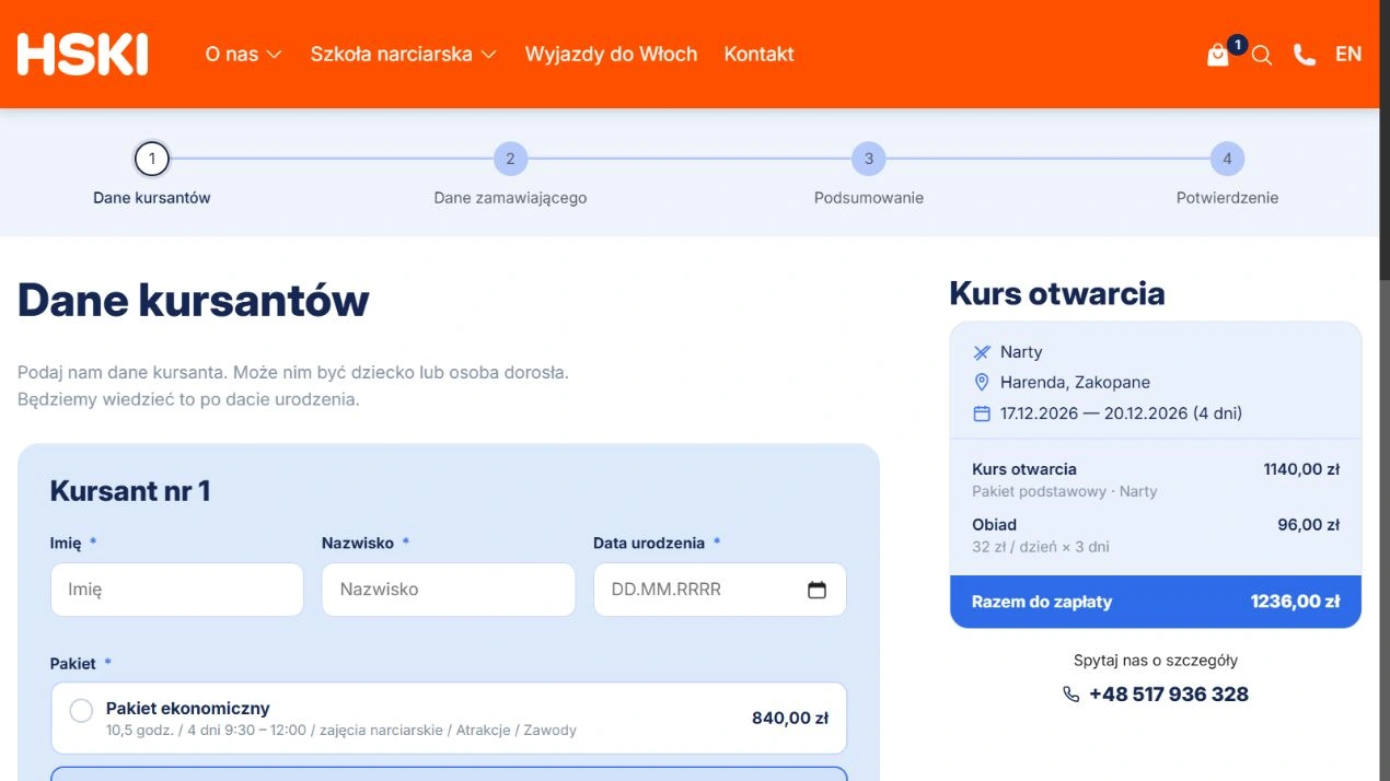 HSKI - formularz rezerwacji kursu z etapami procesu i podsumowaniem wybranego pakietu.