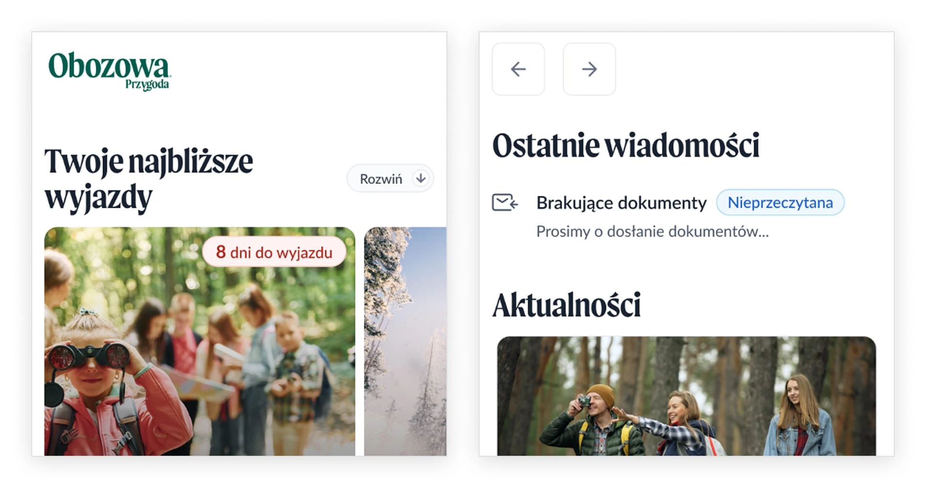 Obozowa Przygoda - pulpit z wyjazdem i komunikatem o brakujących dokumentach.