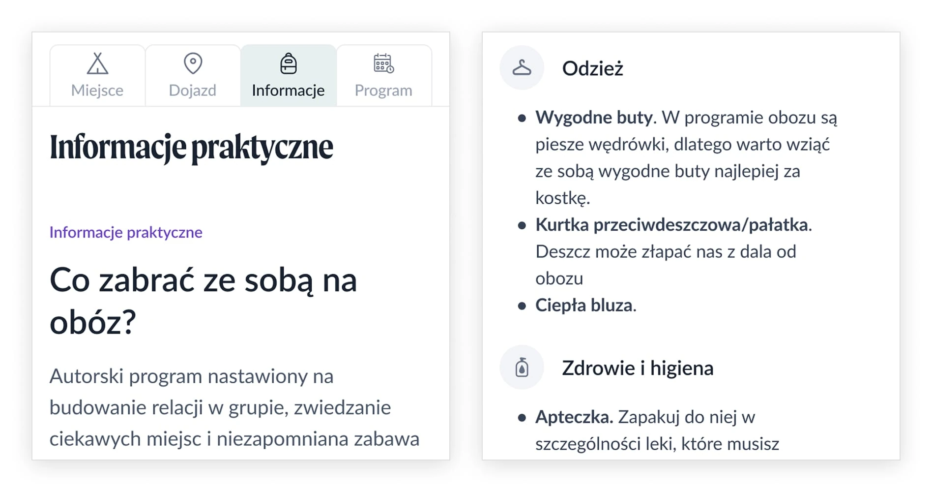 Obozowa Przygoda - odprawa z informacjami praktycznymi i listą rzeczy na obóz.