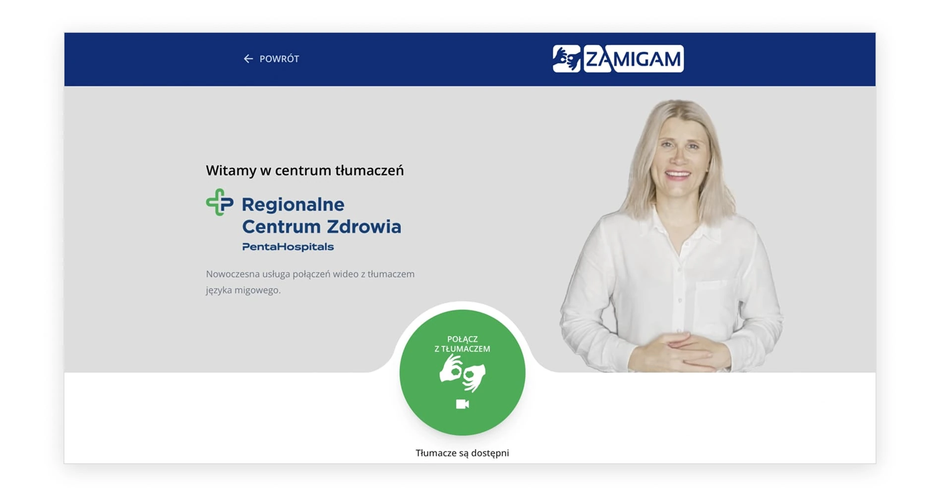 Zamigam - tłumacz online z zielonym przyciskiem rozpoczęcia połączenia.