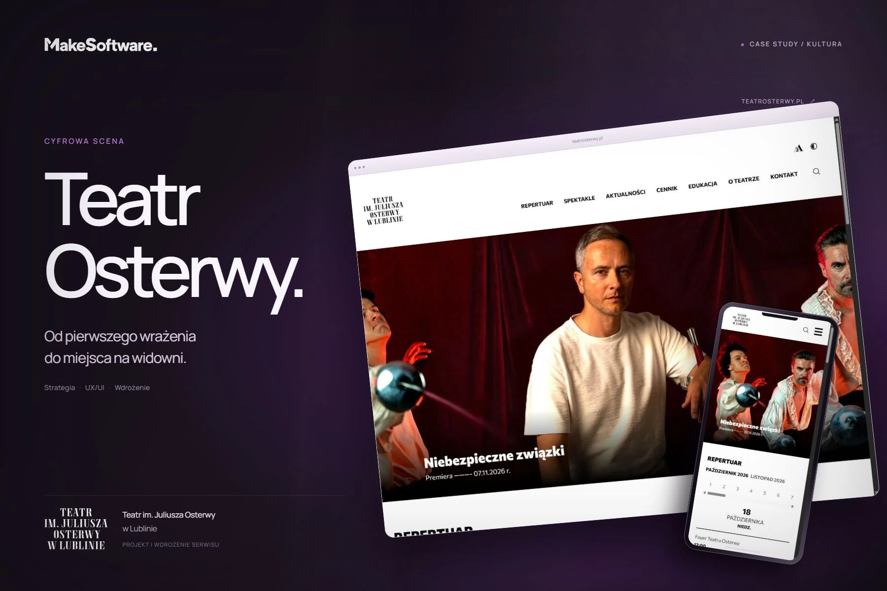 Teatr Osterwy - okładka realizacji z widokiem serwisu na dużym ekranie i telefonie.