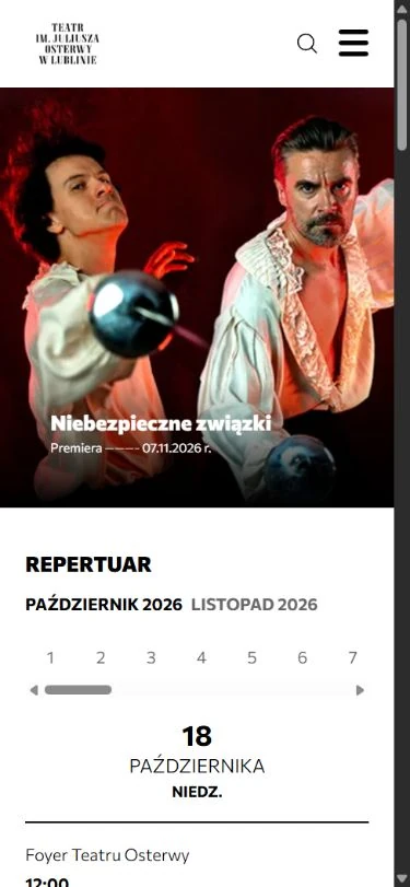 Mobilna strona główna Teatru Osterwy z zapowiedzią premiery.