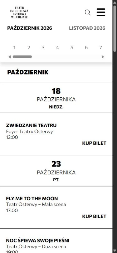 Mobilny repertuar Teatru Osterwy z datami, godzinami i przyciskami Kup bilet.